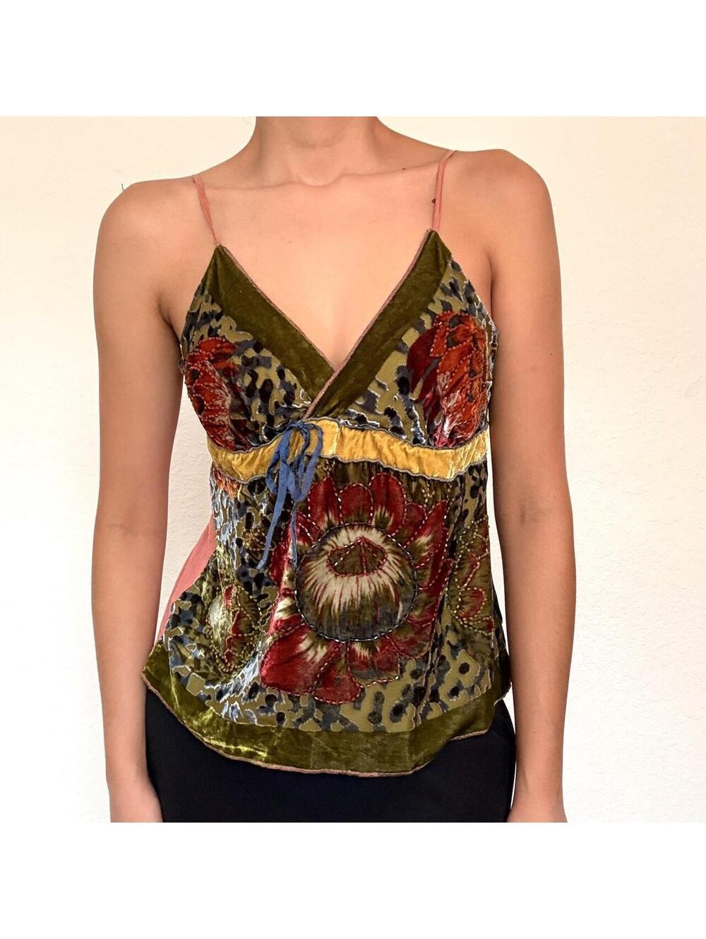 Y2K Hale Bob green, blue, yellow, and red floral beaded cami top